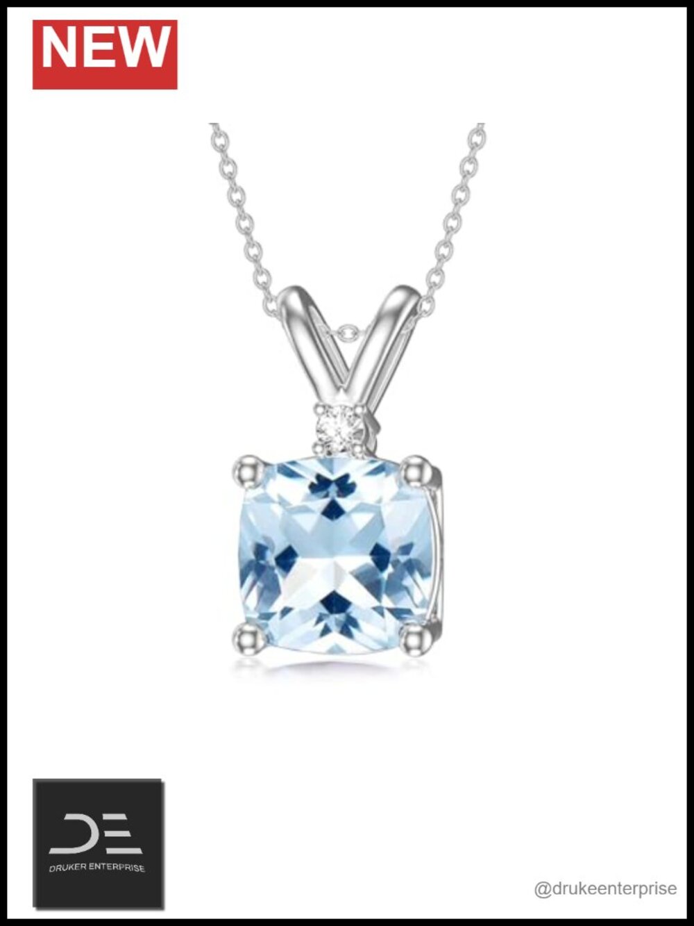 Sterling Silver Cushion Cut Blue Aquamarine Pendant Necklace 18 inch Dainty